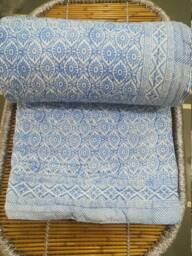 Reversible Cotton Kantha Quilt Blue Floral Hand Block Print Bedding - thumbnail 1