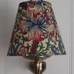 William Morris Golden Lily in Biscuit/Indigo/Red Luxury Candle Clip Lampshade. Bespoke. Handmade. Wall Lights. Chandeliers - thumbnail 2