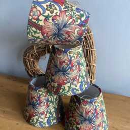William Morris Golden Lily in Biscuit/Indigo/Red Luxury Candle Clip Lampshade. Bespoke. Handmade. Wall Lights. Chandeliers - thumbnail 3