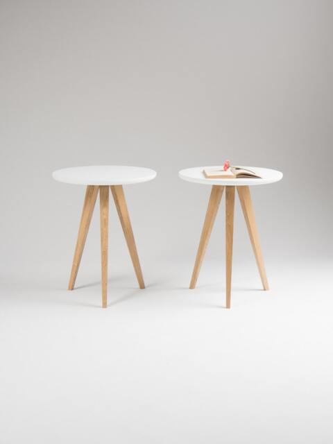 Pair Round White Nightstand - Solid Oak Legs, Small Bedside Table - image 1