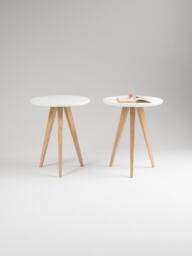 Pair Round White Nightstand - Solid Oak Legs, Small Bedside Table