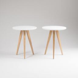 Pair Round White Nightstand - Solid Oak Legs, Small Bedside Table - thumbnail 2