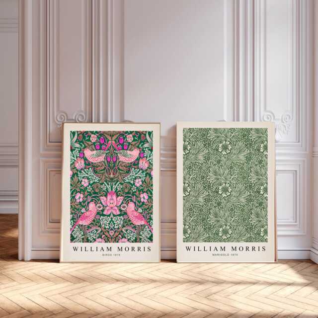 Set Of Two William Morris Floral Prints, Vintage Botanical Wall Art, Flower Print Set, Exhibition Print, Textiles Museum Pink - image 1
