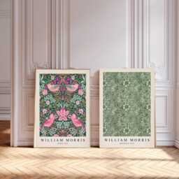 Set Of Two William Morris Floral Prints, Vintage Botanical Wall Art, Flower Print Set, Exhibition Print, Textiles Museum Pink - thumbnail 1