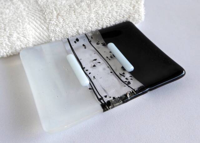 Fused Glass Soap Dish in Black & Streaky White By Bprdesigns - image 1