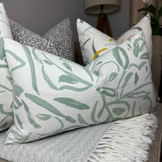 "Leaves Throw Pillow Cover, Decorative Handmade Accent Cushion Case For Sofa Couch Bedroom Home, Dusty Green - White 12"" X 20" - image 1