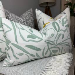 "Leaves Throw Pillow Cover, Decorative Handmade Accent Cushion Case For Sofa Couch Bedroom Home, Dusty Green - White 12"" X 20" - thumbnail 1