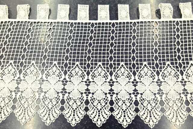Cream/Ivory Macrame Cafe Net Curtain/Lace Curtain Design Detailed Tab Top in 3 Drops Sold By The Metre, Quantity=Number Of Metres Width - image 1