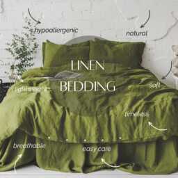 Handmade Moss Green Linen Bedding Set Boho Duvet Cover With Pillowcases - thumbnail 1