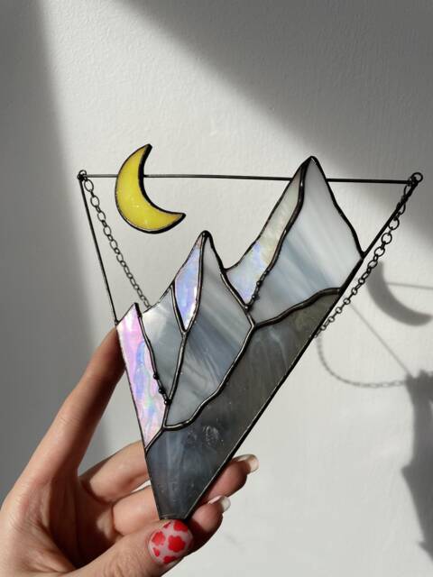 stained Glass Suncatcher Picture Mountains Hill Landscape Home House Decor Window Wall Hanging Moon Cling, Fathers Day Gift From Daughter - image 1