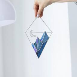 stained Glass Suncatcher Picture Mountains Hill Landscape Home House Decor Window Wall Hanging Moon Cling, Fathers Day Gift From Daughter - thumbnail 2