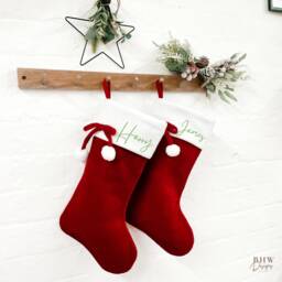 Personalised Red & White Velvet Christmas Stocking Bow & Pom - thumbnail 3