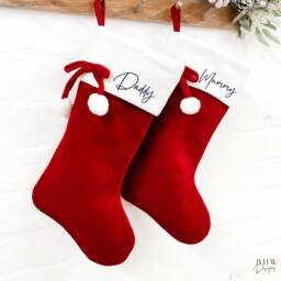 Personalised Red & White Velvet Christmas Stocking Bow & Pom - thumbnail 2
