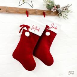 Personalised Red & White Velvet Christmas Stocking Bow & Pom - thumbnail 1