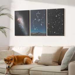 Canvas Set Of 3 Wall Art - Galaxies, Constellations, Zodiac Sign Sagittarius, Navy Print, Space & Astrology Hanging Piece - thumbnail 1