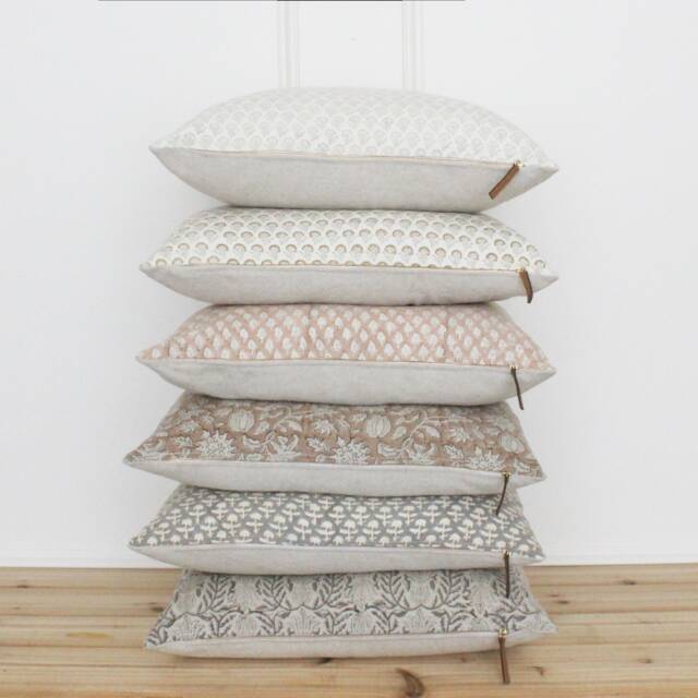 Hand Block Floral Pillow Covers - Neutral Throw Pillows Blocked Cushion Cover Decorative Linen Designer - image 1