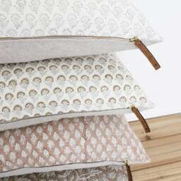 Hand Block Floral Pillow Covers - Neutral Throw Pillows Blocked Cushion Cover Decorative Linen Designer - thumbnail 2