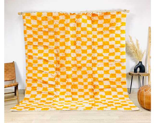 Yellow Checkered Moroccan Rug, Shag White & Checker Rug, Large Area Berber Rug - image 1