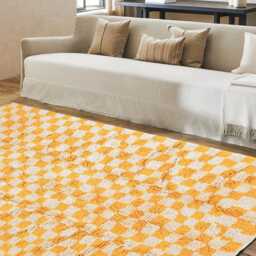 Yellow Checkered Moroccan Rug, Shag White & Checker Rug, Large Area Berber Rug - thumbnail 3