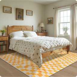 Yellow Checkered Moroccan Rug, Shag White & Checker Rug, Large Area Berber Rug - thumbnail 2