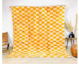 Yellow Checkered Moroccan Rug, Shag White & Checker Rug, Large Area Berber Rug