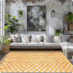 Yellow Checkered Moroccan Rug, Shag White & Checker Rug, Large Area Berber Rug - thumbnail 4
