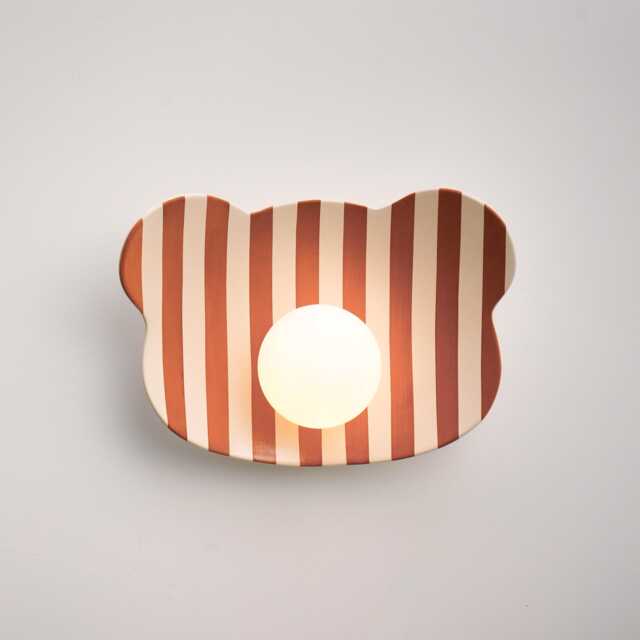 Handmade Ceramic Wall Sconce - Striped Teddy Bear Kids' Room Light, Clay Lamp - image 1