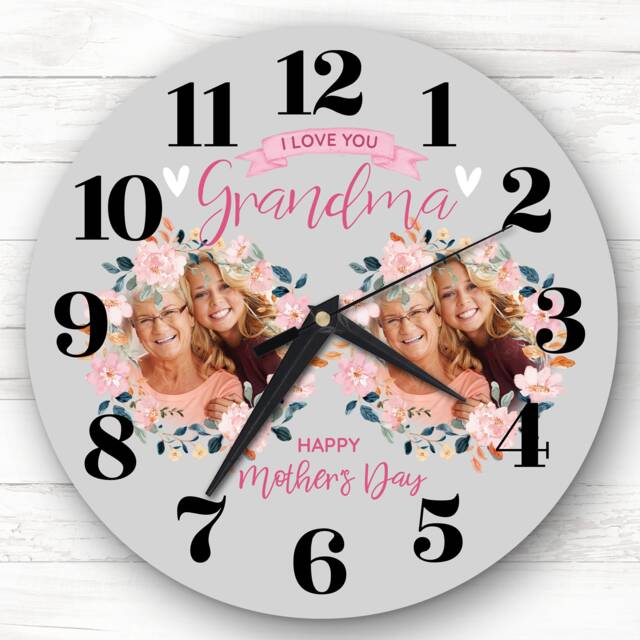 Grandma Mother's Day Gift Grey Flower Photos Personalised Clock - image 1
