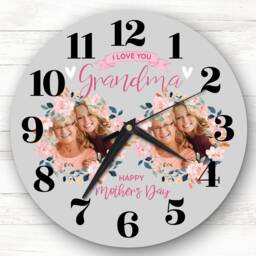 Grandma Mother's Day Gift Grey Flower Photos Personalised Clock - thumbnail 1