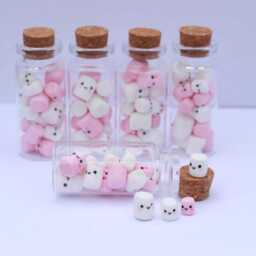 Mini Marshmallows in A Jar, Kawaii White & Pink Mallows, Polymer Clay Miniatures, Birthday Gift, Gift For Her, Cute Faces, Glass Jar - thumbnail 2