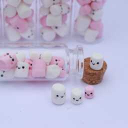 Mini Marshmallows in A Jar, Kawaii White & Pink Mallows, Polymer Clay Miniatures, Birthday Gift, Gift For Her, Cute Faces, Glass Jar - thumbnail 3