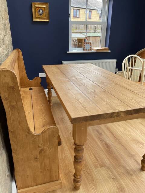 Handmade Farmhouse Dining Table Set - Rustic Plank Top, Storage Bench - image 1