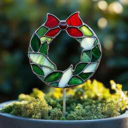 Real Stained Glass Mistletoe Wreath Plant Stake, Holiday Garden Suncatcher, Handmade Christmas Gift For Lovers - thumbnail 1