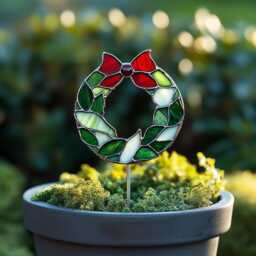 Real Stained Glass Mistletoe Wreath Plant Stake, Holiday Garden Suncatcher, Handmade Christmas Gift For Lovers - thumbnail 3