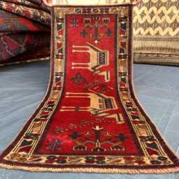 Antique Pictorial Camel Rug, 1.8x3.8 Ft , Wall Hanging Afghan Handmade Wool Tribal Rug - thumbnail 4