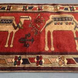 Antique Pictorial Camel Rug, 1.8x3.8 Ft , Wall Hanging Afghan Handmade Wool Tribal Rug - thumbnail 2