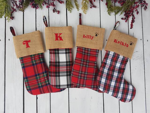 Plaid Christmas Stockings, Family Tartan Burlap Cuff Stockings - image 1