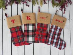 Plaid Christmas Stockings, Family Tartan Burlap Cuff Stockings