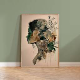 Floral Woman Portrait Print Modern Ai Watercolor Art - thumbnail 1