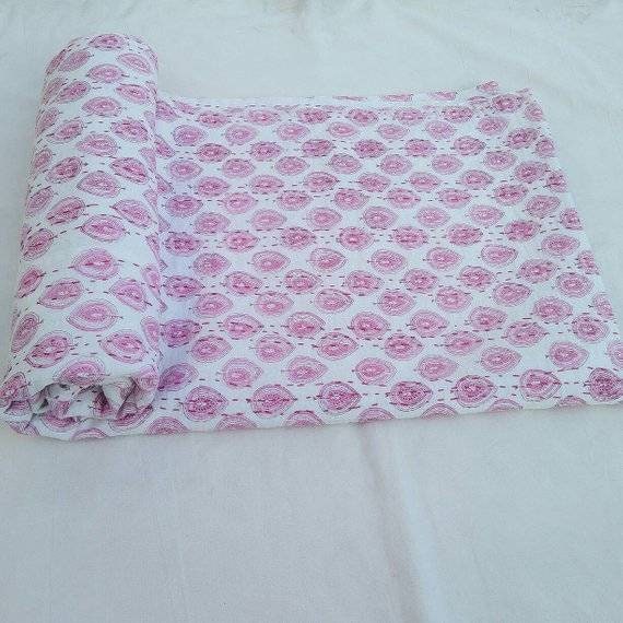 Pink Indian Handmade Floral Kantha Quilt Pure Cotton Decorative Handblock Bedspread Size Multi - image 1