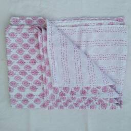 Pink Indian Handmade Floral Kantha Quilt Pure Cotton Decorative Handblock Bedspread Size Multi - thumbnail 3