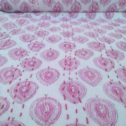 Pink Indian Handmade Floral Kantha Quilt Pure Cotton Decorative Handblock Bedspread Size Multi - thumbnail 2