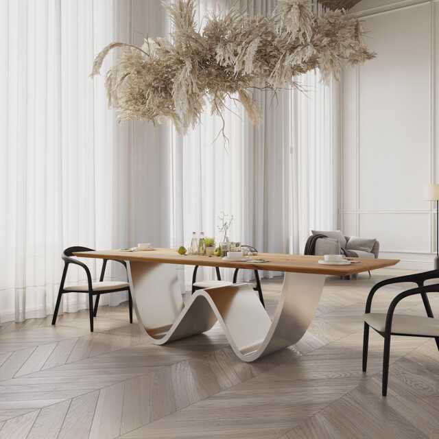 Hardwood Oak Modern Dining Table 069 With A Stainless Steel Base - image 1