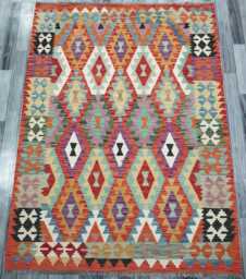 Kilim Rug Classic, Handmade Artisan Afghan Turkish, Scandinavian, Navajo, Bohemian Flatweave, Natural Wool 201x152 cm - thumbnail 1