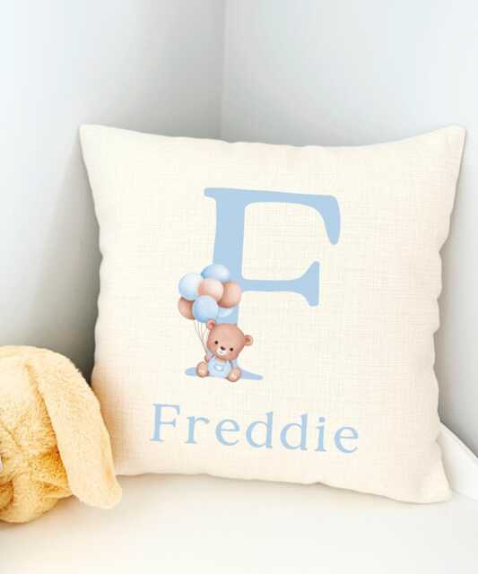 Boy Teddy Bear Baby Gift, Blue Cushion, Personalised Name Nursery Balloon Decor, Gift Nephew - image 1