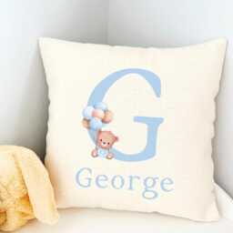 Boy Teddy Bear Baby Gift, Blue Cushion, Personalised Name Nursery Balloon Decor, Gift Nephew - thumbnail 3