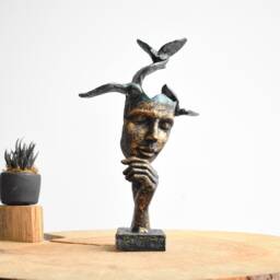 Abstract Mask Sculpture With Birds Modern Art Decor