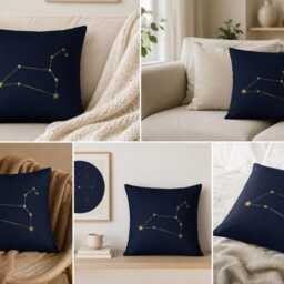 Leo Zodiac Pillow Cover 16x16, Navy Blue Constellation Throw Pillow, Astrology Cushion, Celestial Home Decor Gift For Her - thumbnail 2