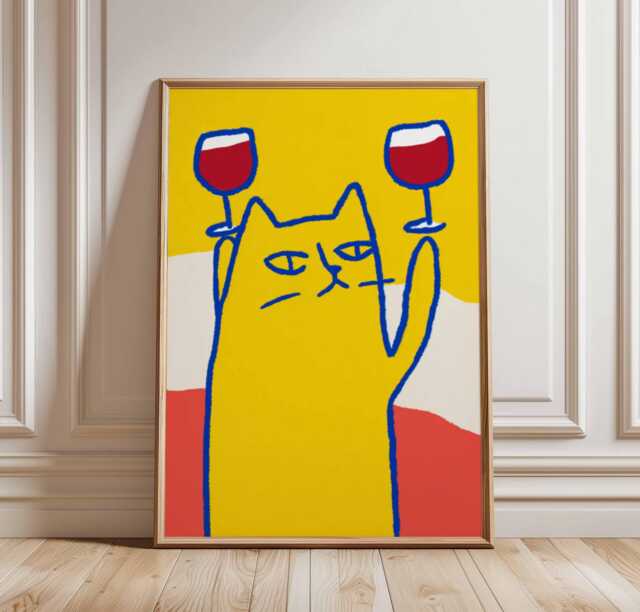 Funny Cat Art Print, Pop Style Poster, Quirky Animal Wall Decor, Bar Cart Art, Yellow & Red Gallery Wall, Modern Lover Gift - image 1