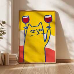 Funny Cat Art Print, Pop Style Poster, Quirky Animal Wall Decor, Bar Cart Art, Yellow & Red Gallery Wall, Modern Lover Gift - thumbnail 3